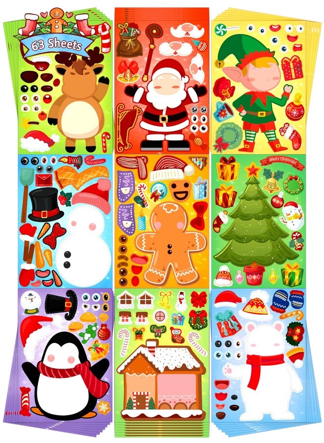 LINAYE 63 Sheets Christmas Stickers for Kids Toddlers, Make A Face Christmas Crafts Stickers for Kids, Xmas Goodie Treat Bag Stocking Stuffers Party Favors Game Activities - Image 1